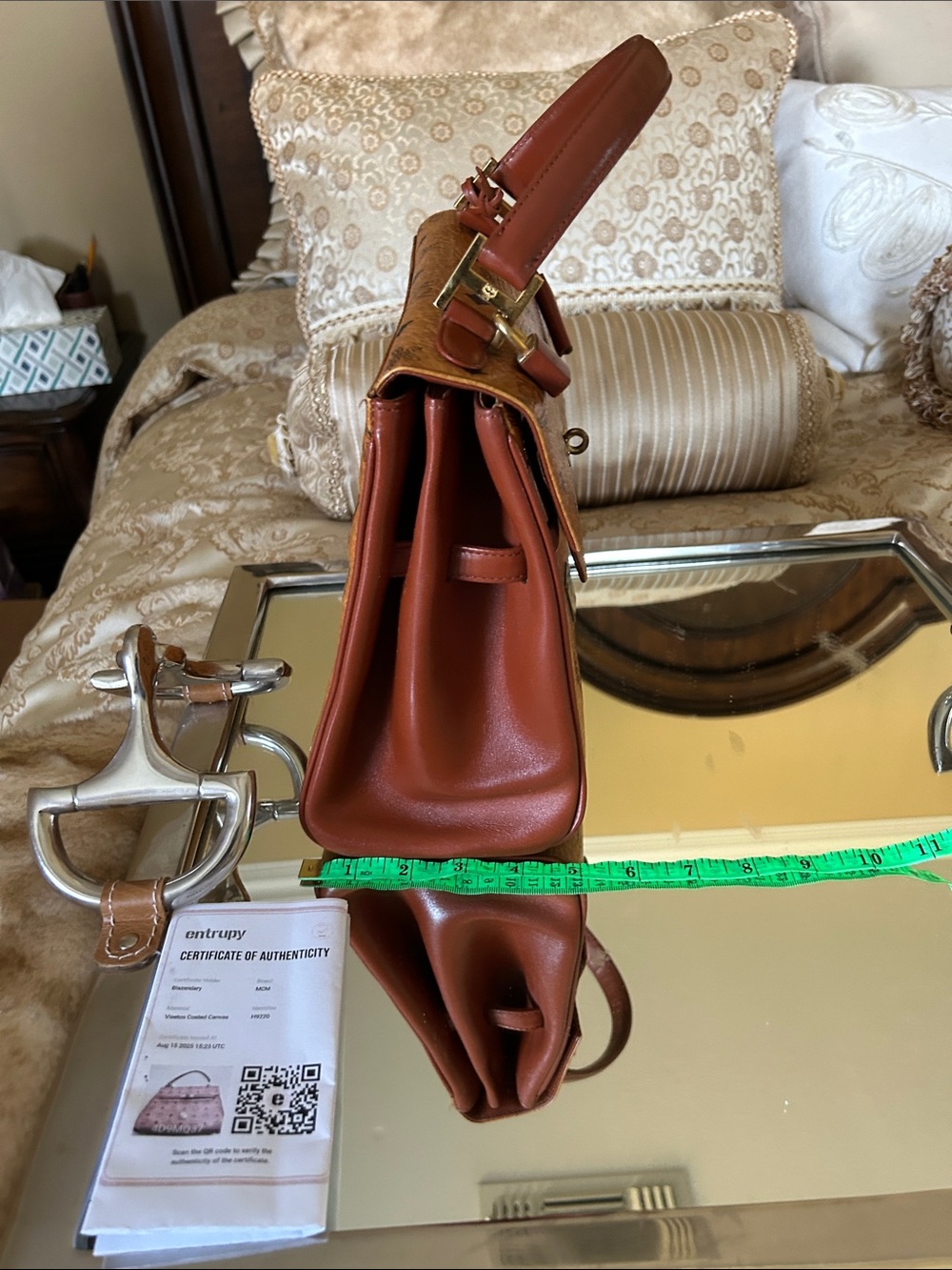 MCM Cognac Logo Visetos Top Handle Satchel with Gold Hardware lock w keys  COA - Picture 4 of 15